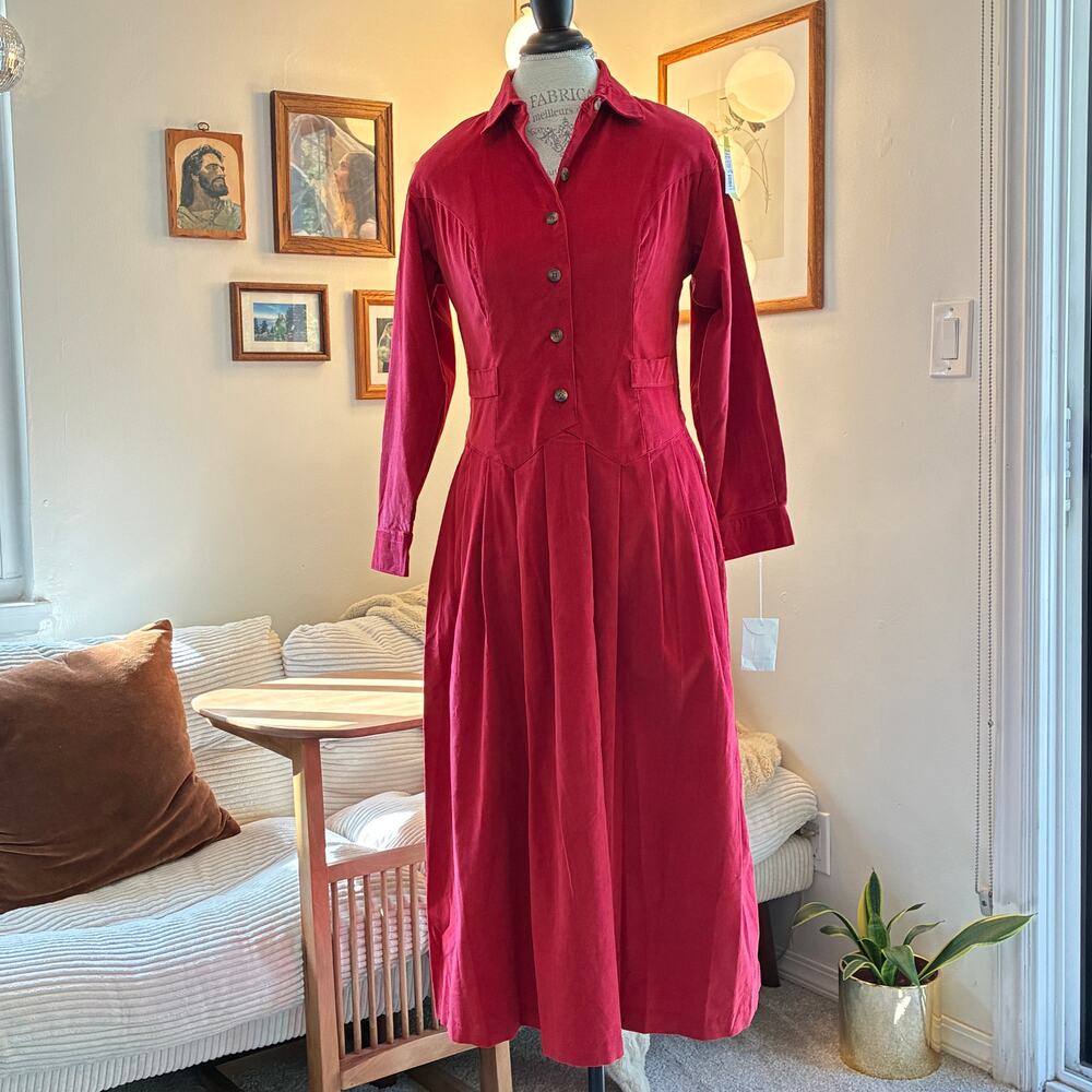 VTG Alain Toussaint Red Corduroy Midi Shirtwaist Dress 100% Cotton Sz 4 (small)
